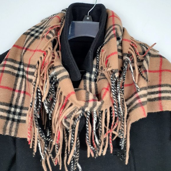 Plaid scarf with fringes. Red, black and white on tan preppy - Picture 1 of 6